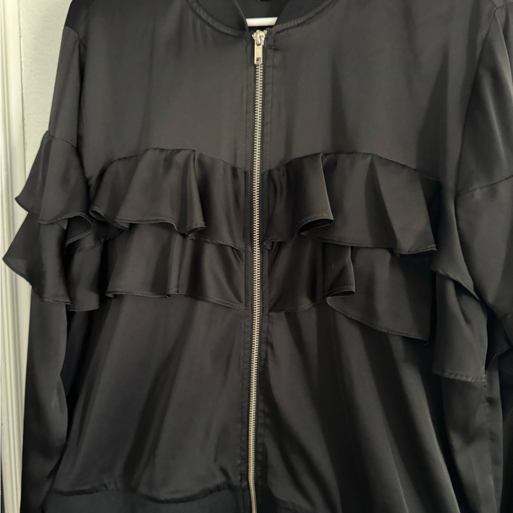 Express Black Bomber Jacket with Ruffle Details - Picture 3 of 6